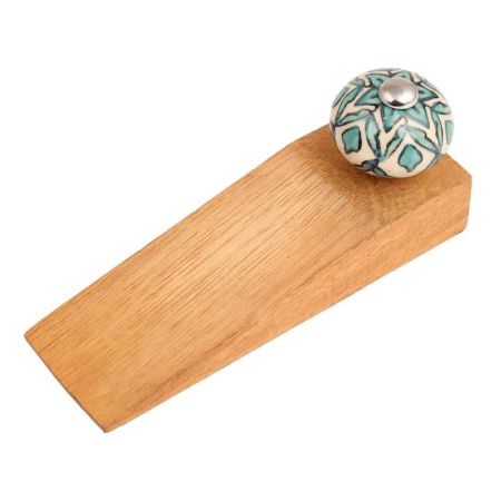 Sea Green Flower Ceramic Wooden Door Stopper